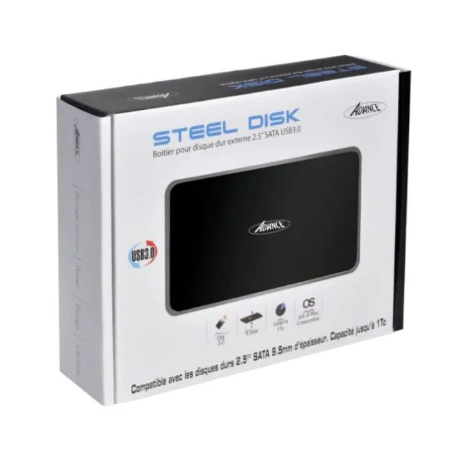 Boitier Disque dur 2,5" USB 3.0 ADVANCE Aluminium Noir Brossé – Plug & Play