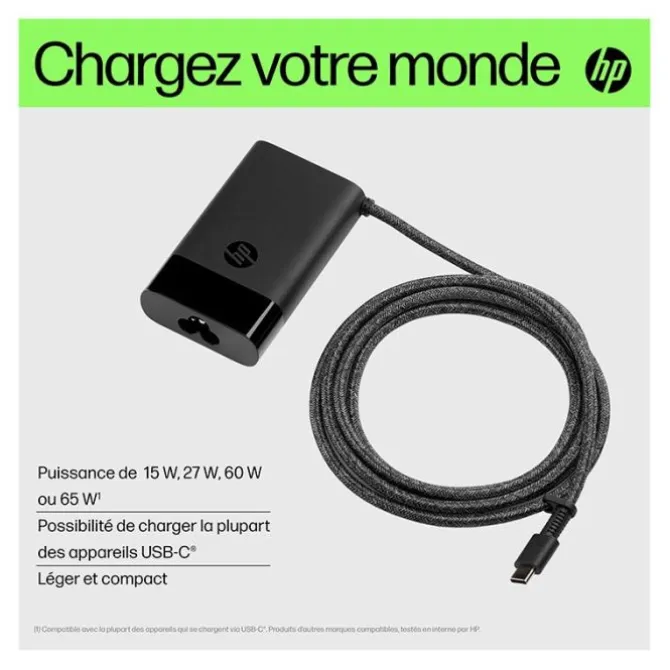 Chargeur HP USB-C 65W – Chargeur universel pour ordinateur portable, tablette et smartphone