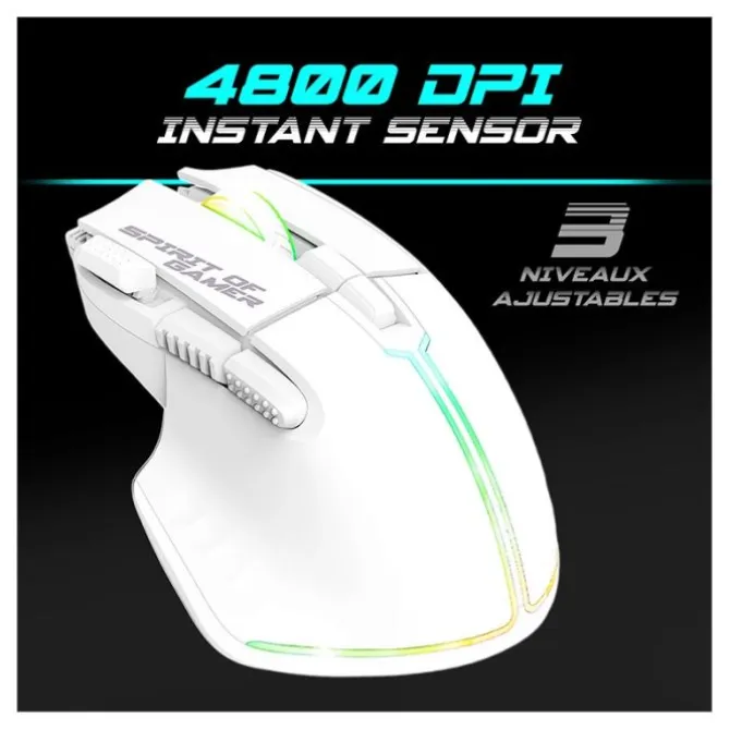 Pack Gamer Spirit of Gamer - Clavier Sans Fil AZERTY FR RGB + Souris 4800 DPI, Rechargeable, Aluminium, PC/PS4/PS5/Xbox - Blanc